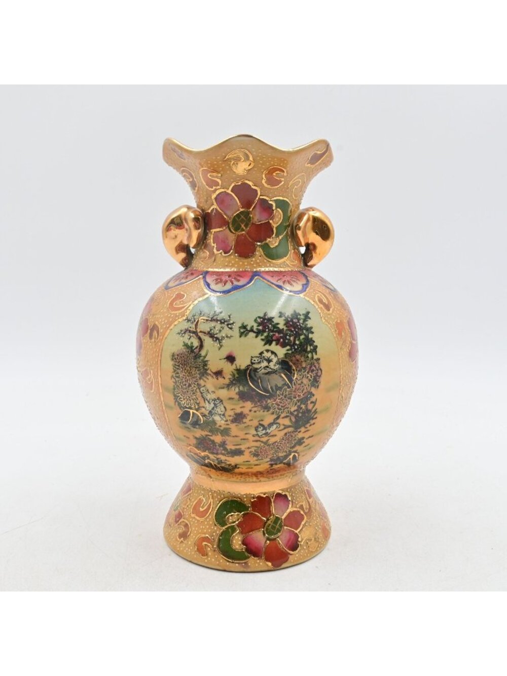 Chinese Satsuma Style Vase with Cats Moriage Hand Painted Floral 8" Vintage